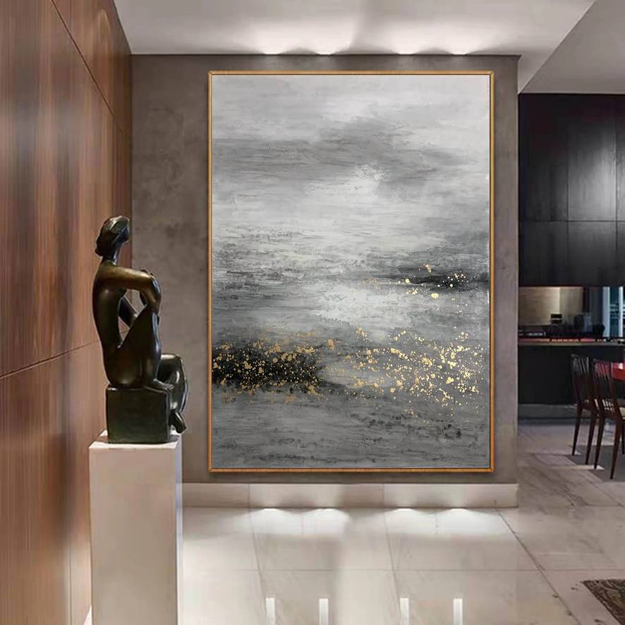 White Handmade Gold Painting Black Abstract Canvas Wall Art N7SHO